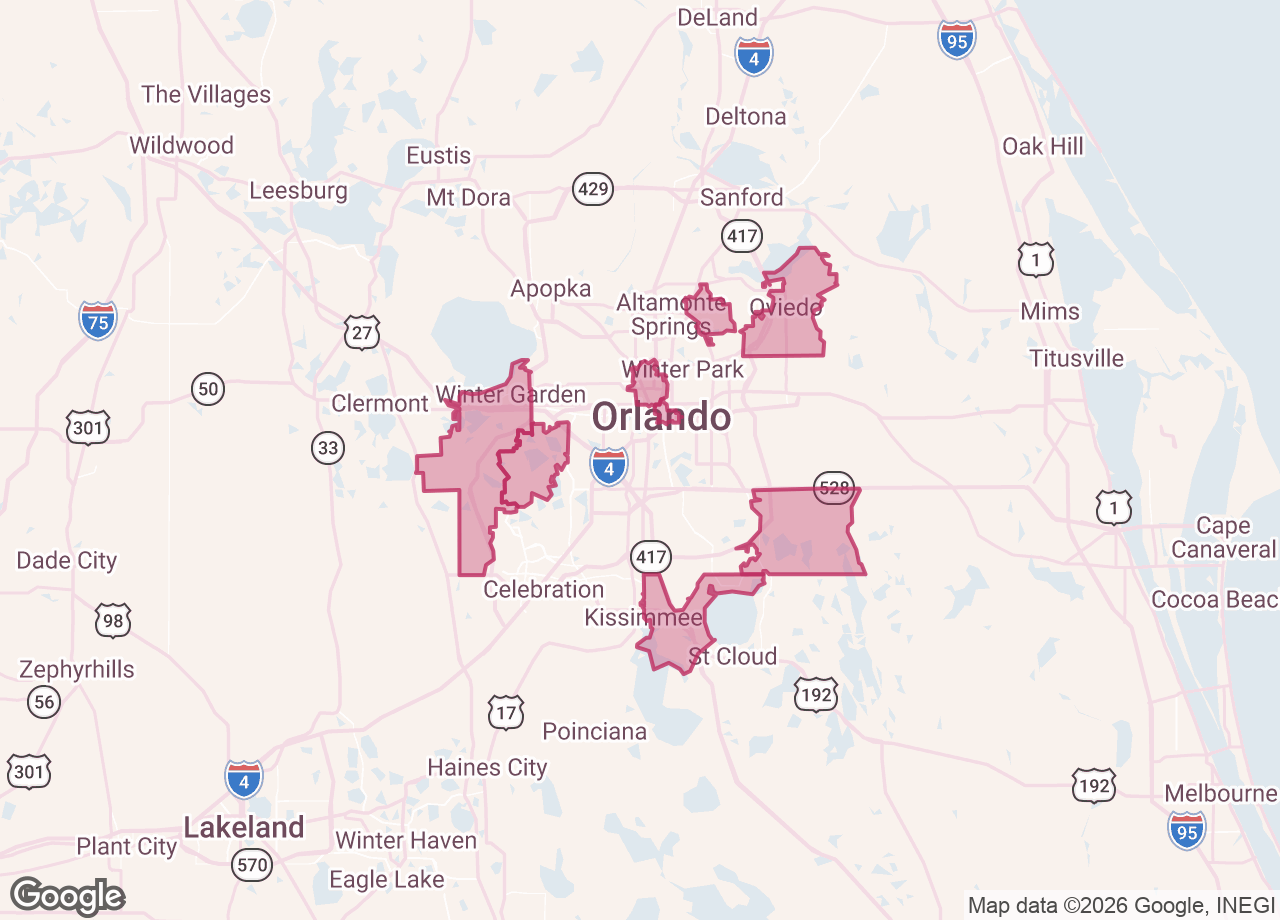Map of Greater Orlando with the ZIP codes we have recently worked in shaded: Oviedo, Downtown Orlando, Lake Nona, College Park, Winter Garden, Kissimmee, Windermere, Casselberry