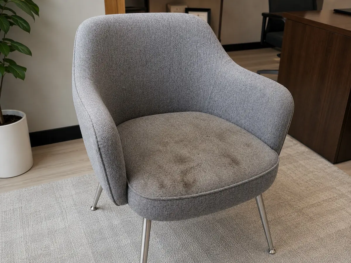 Commercial seating before professional cleaning, showing wear and soil